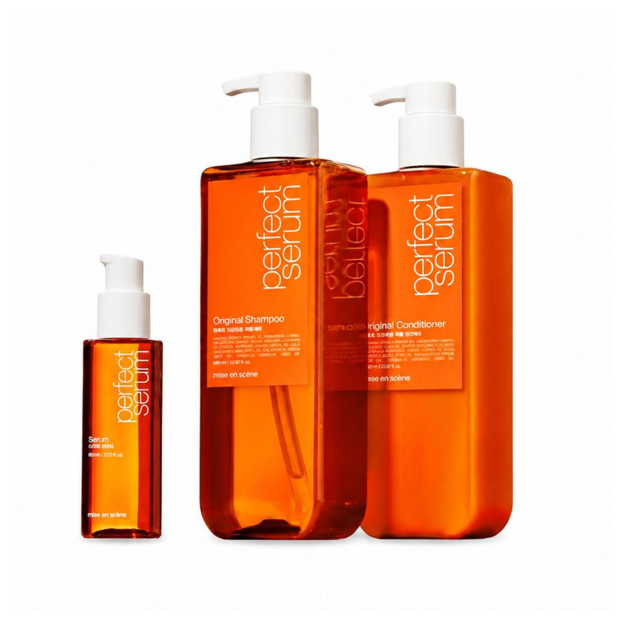 mise en scene Perfect Serum OriginalShampoo 680ml + Conditioner 680ml +Original Serum 80ml Set 미쫽센 퍼펝트 세럼 오리지널 셐회 680ml 및 텘디셤너 680ml 및 오리지널 세럼 80ml 세트 毛先まで贅沢にうるおうフルセットペアと大人気セラムの3点 オリジナルシャンプーコンディショナー680mlに髪のレスキューアイテムオリジナルセラム80ml現品がついたトータルで髪をいたわるスペシャル3点セット厳選されたアルガンオイルをはじめホホバカメリアココナッツなど7種の天然由来オイルを黄金比率でブレンド髪の汚れを落とし傷んだ髪に濃密なうるおいを補給仕上げにセラムを使うことで熱ダメージカラーやパーマによるパサつきや広がりを補修サロン帰りのような指通りの良いサラサラ髪へ清潔感あふれるフルーティフローラルの香り
