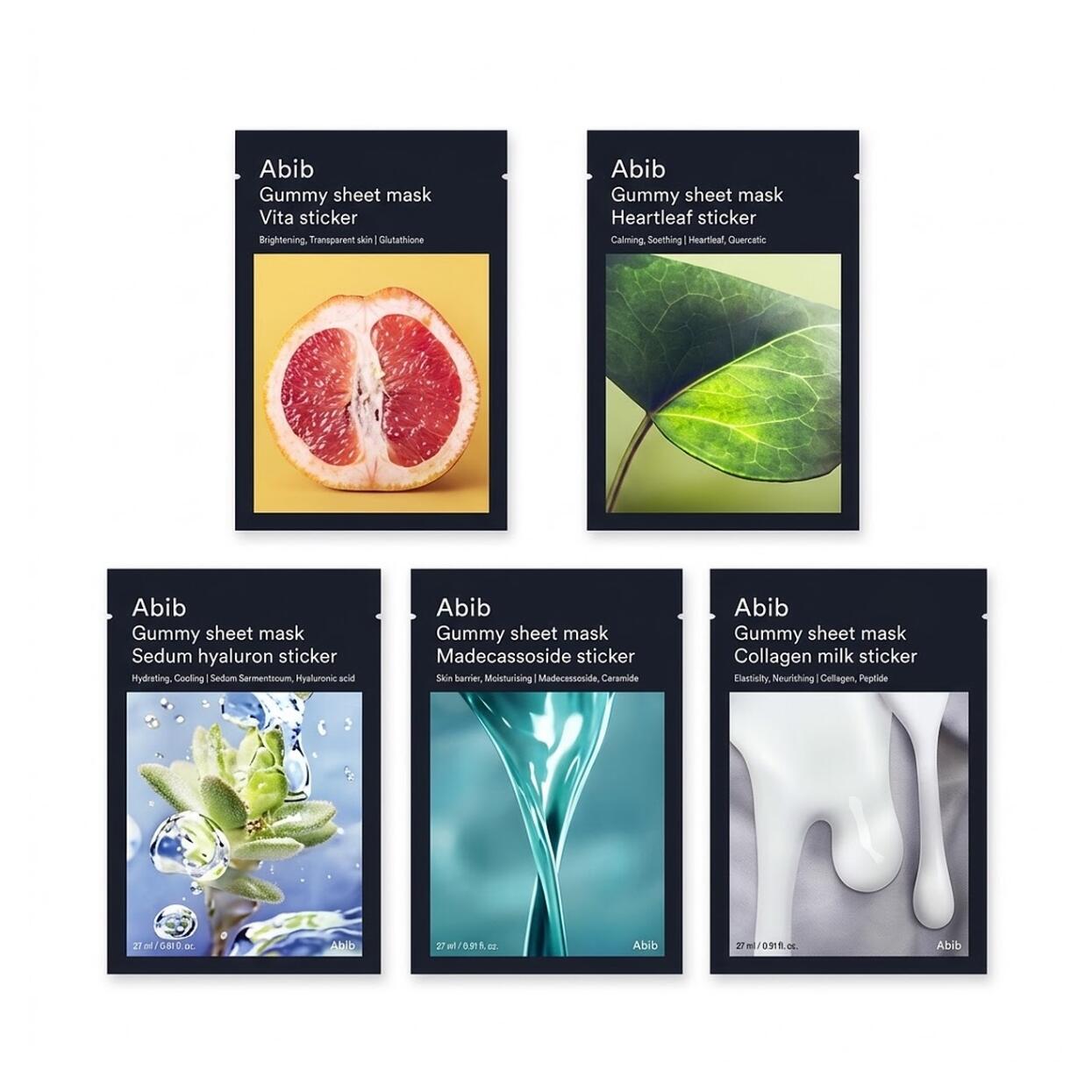 Abib Gummy Sheet Mask 27ml 5EA Heartleaf + Madecassoside + Hyaluron + Collagen Milk +Vita 아비브 껷딱지 시트 마스크 5종 체험 세트 각 1매 총 5매 韓国スキンケアブランドAbibアビブを代表するロングセラーアイテムグミシートマスク5種類を各1枚ずつ詰め合わせたお試し5枚セットグミのように肌へ吸い付く超密着マイクロファイバーシートがすみずみまで浸透し肌荒れを防ぐドクダミゆらぎ肌を整えるマデカソサイド透明感を与えるビタ乾いた肌を満たすセダム水分草弾力とハリを与えるコラーゲンミルクの5種を肌コンディションに合わせ使用してください