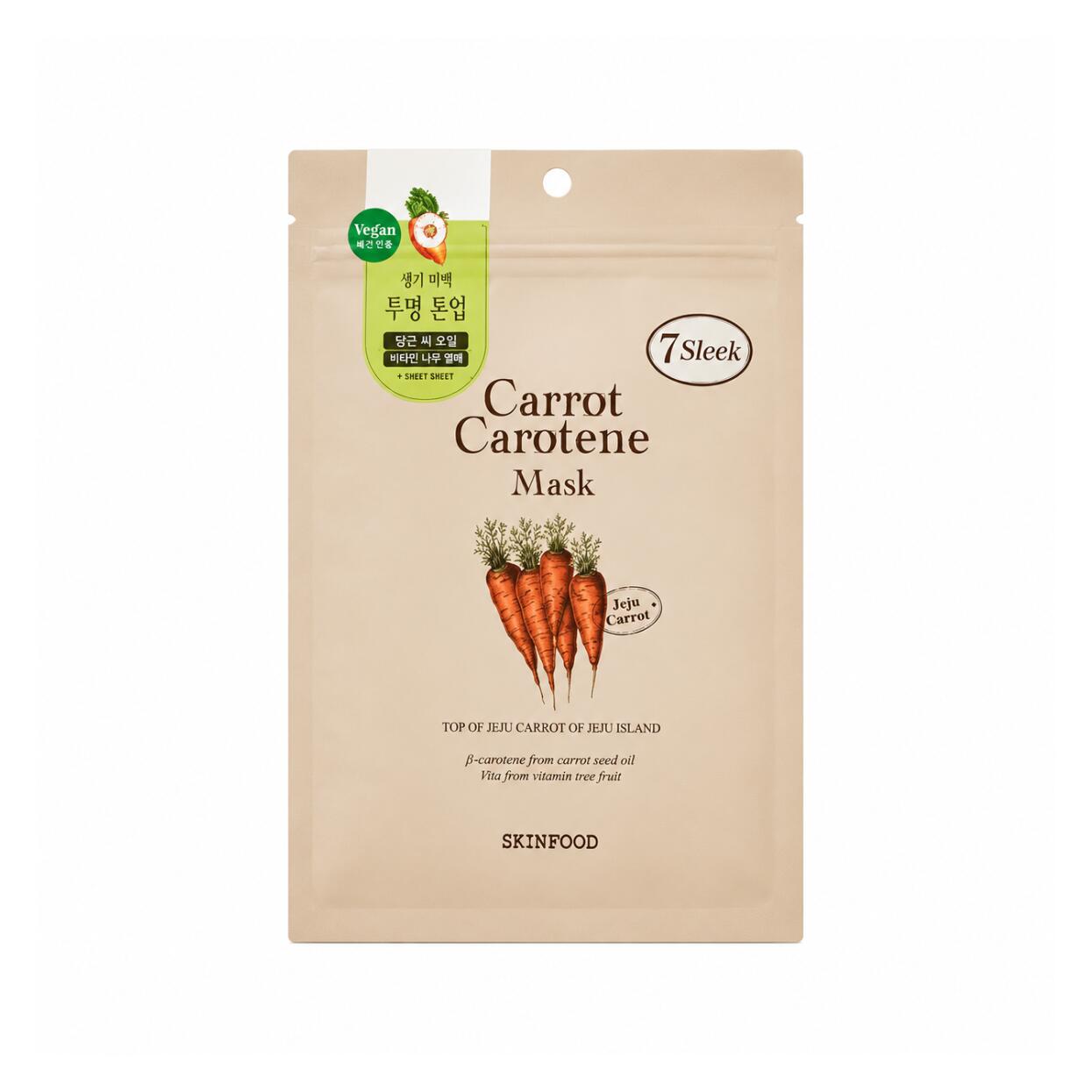 SKINFOOD Carrot Carotene Calming Sheet Mask 7 Sheets 150g 5.29 oz. ベータカロテンを豊富に含むニンジン種子油配合 外部刺激によって過敏化した肌を迅速に鎮静する デイリー急密着レスキューシートマスク β-カロテンによる抗酸化 皮膚恒常性サポート 有機農認証受けたニンジン由来β-カロテン プロビタミンAが 酸化ストレスから角層を保護しバリア機能が低下した 肌の恒常性を素早く回復させます 低刺激 急性炎症緩和アプローチ 物理的化学的刺激により 赤みや熱感を生じた肌の皮膚閾値に着目 低刺激設計の濃密エッセンスが 過剰な肌反応を穏やかにコントロール皮膚バリアを強化 独自の高保水ワッフル構造ビーガンシート採用 ストレスなく均一に密着し角層深部へ効率的な浸透を実現