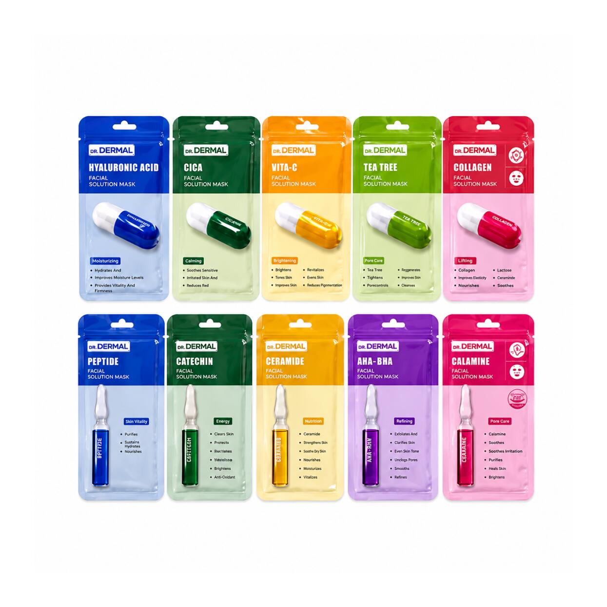Dr. DERMAL Facial Solution Mask 25ml 0.84 fl. oz 100EA Various Types 多様な肌悩みに合わせて選択可能 100枚大容量デイリーケア 1枚あたり25mlの高濃度エッセンス保持 乱れがちな角層バリアを補強 集中デイリーフェイシャルマスク 肌との一体感を追求した高親和性シートが密着 角層からの水分蒸散を強力に抑制 角層表面に持続的な保護膜を形成 乾燥や外部刺激で低下した角層バリアの機能を整えます エッセンスが角層深部へのなじみやすさを高め 乾いた角層細胞へ素早く水分と有効成分供給 キメの乱れ 紫外線ダメージを受けた肌を効果的ケア 美容成分が様々な肌課題へアプローチ 摩擦による擦過刺激を抑えたシート設計 肌に負担を与えずすこやかさをサポート