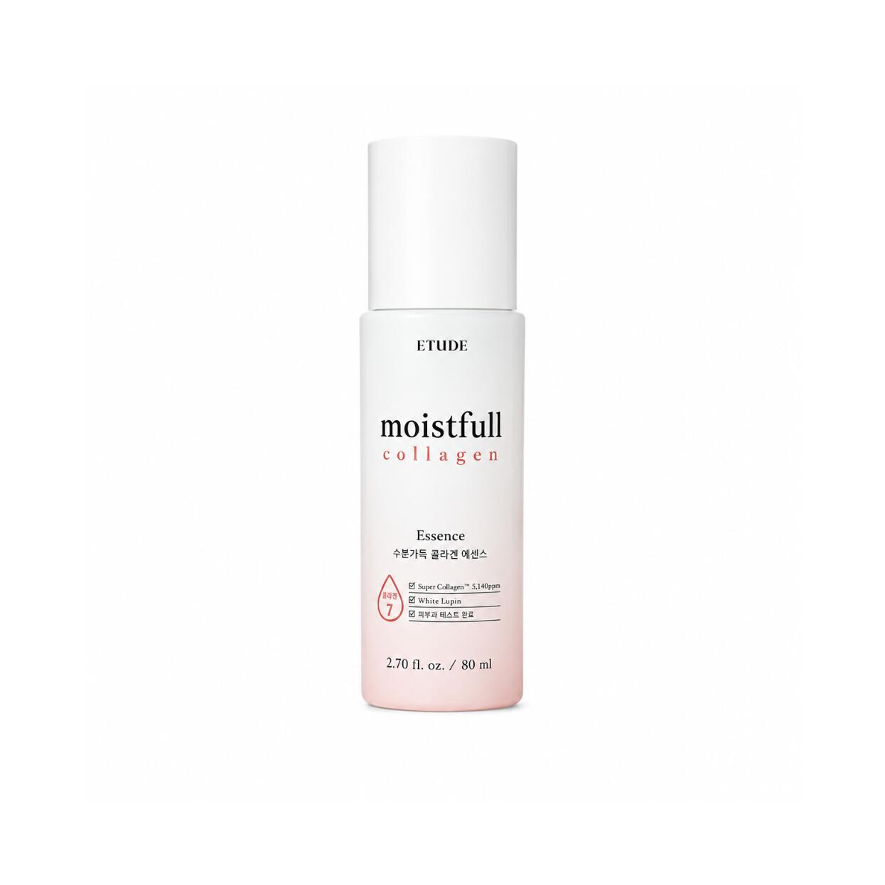 ETUDE Moistfull Collagen Essence 80ml 微細に分解された低分子スーパーコラーゲンウォーターと植物由来の保湿成分を高濃度配合みずみずしく軽やかなテクスチャーが素早く肌になじんでうるおいをギュッと閉じ込め内側から押し返すようなふっくら弾むハリ肌へ