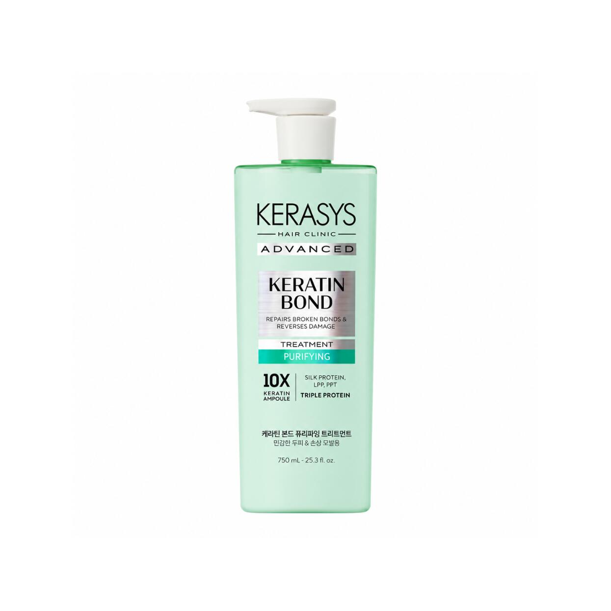 Kerasys Keratin Bond Purifying Treatment 600ml 頭皮のすこやかさを保ちながら傷んだ毛髪のキューティクルへ集中的にアプローチ 高濃縮ケラチン プロテイン補修でペタンとなりやすい髪やベタつきが気になる髪も重くならずに弾力とうるおいを与えます弱酸性処方で地肌と髪のバランスを考えたマイルドな使い心地 フレッシュで清潔感のあるティーツリー ユーカリを基調としたハーブグリーン系爽やかな香り