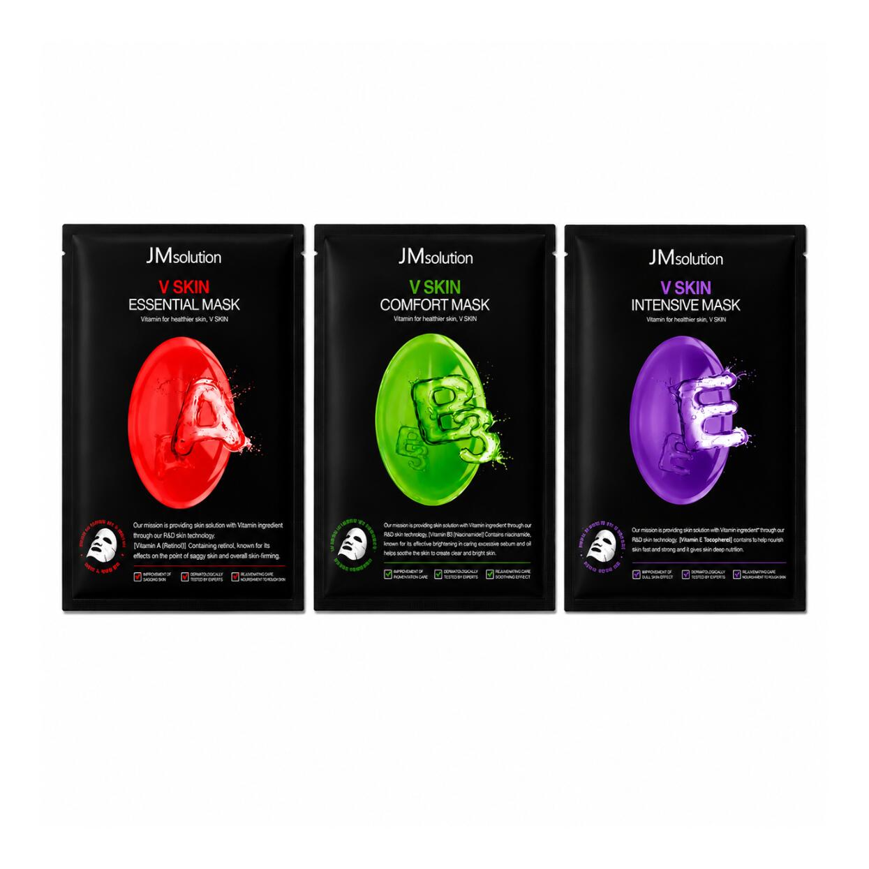JMsolution VSkin Sheet Mask Series 30ml Essential 乱れたラメラ構造を整え角層バリアの再構築 肌本来の自律的な水分保持能を高めます Comfort アレルギー刺激反応を起こしやすい皮膚の鎮静 外部刺激によりバリア機能が低下した肌に対し皮膚閾値を落ち着かせバリア環境へリカバリー Intensive 高濃度ペプチド コラーゲン複合体が真皮構造のゆるみに作用し肌密度を高めハリをもたらします