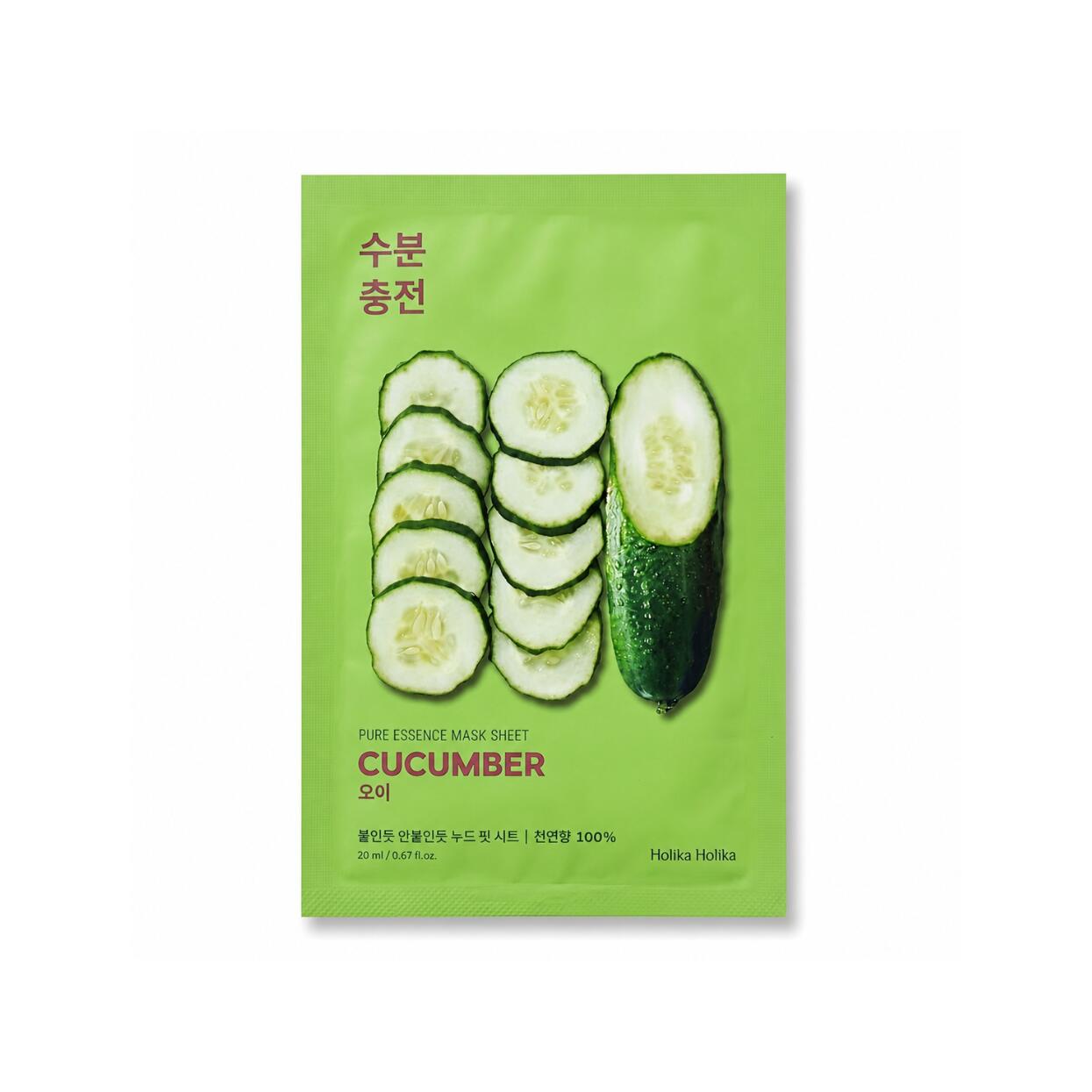 HOLIKA HOLIKA Pure Essence Mask Sheet Cucumber 20ml 豊富な水分とミネラルを含むキュウリ果実エキス配合 日焼け後や乾燥で熱を持った肌を優しくクールダウンさせみずみずしいうるおいで満たします