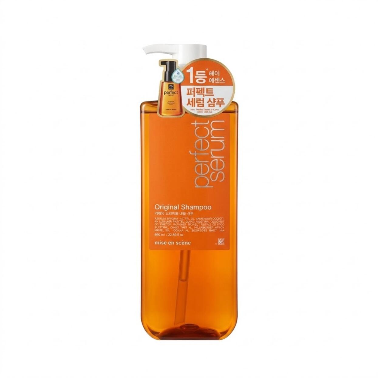 mise en scene Perfect Serum Original Shampoo 680ml 미장센 퍼펝트세럼 오리지널 수회 680ml 厳選された7種の天然由来オイルが傷んだ髪に濃密なうるおいとツヤを与え豊かな泡でしっとりなめらかに洗い上げる680ml大容量シャンプー上品で愛らしいフルーティフローラルの香りオレンジブロッサム リリー ジャスミンなどの華やかな余韻
