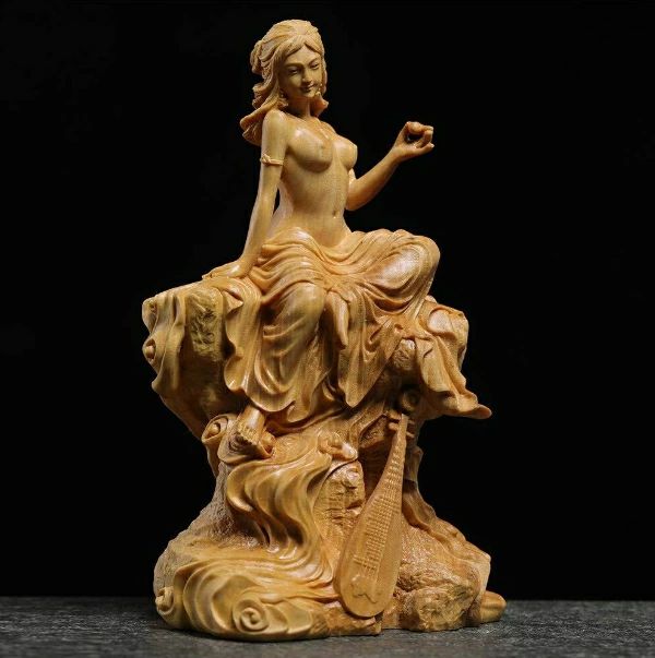 弁財天 木彫り彫刻 弁天様 木彫 玄関 置物 置き物 オブジェ 木製 玄関インテリア 木彫り 像 柘植木彫り 仏像 インド サラスバティ イン