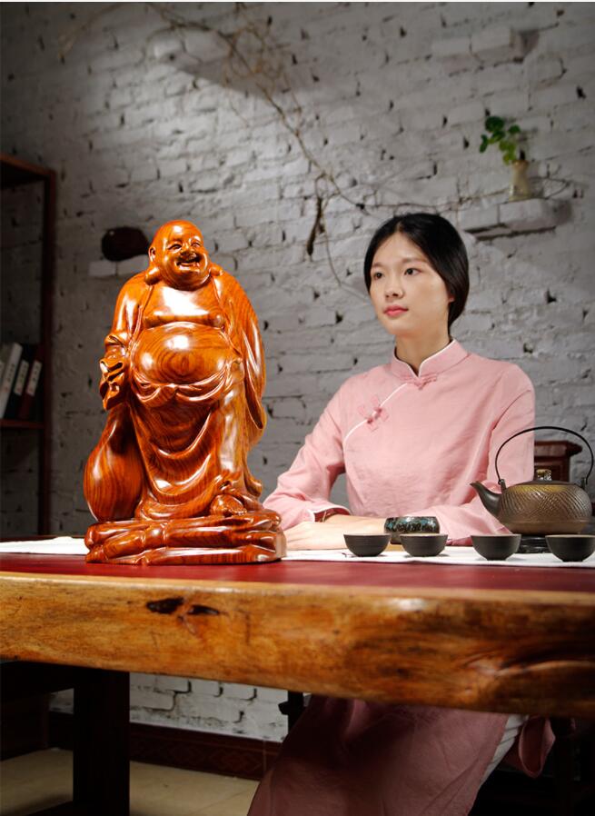 仏像 木彫り 七福神 布袋 様 布袋さんの置物 木像 木製フィギュア 黄花梨 花梨木 高級1