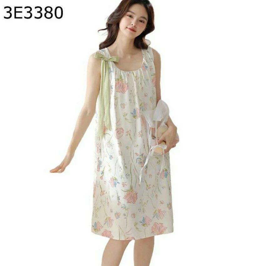 レディース ルームワンピース 蝶結び 花柄 綿100% コットン100% パジャマ ノースリーブ 春夏秋 ロング..
