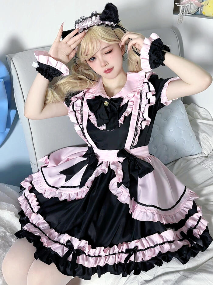 メイド服 コスプレ 4点セット (ホルタードレス＋ビスチェ＋エプロン＋ヘッドピース) コウモリ吸血鬼 メ..