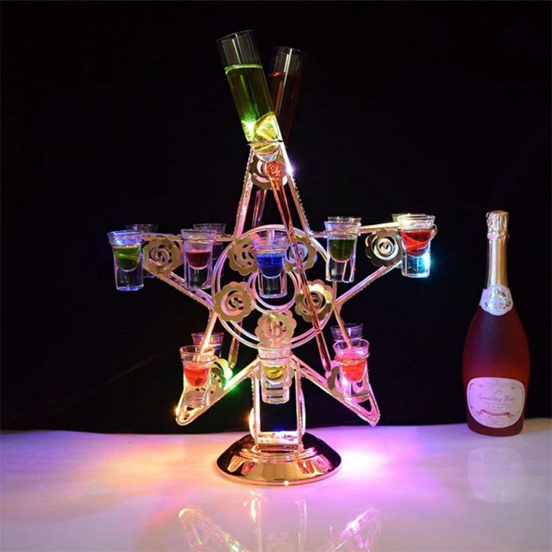 五芒星テキーラ観覧車 LED酒ボトルの表示棚 五芒星 LED酒グラス収納ラック 充電式 LED酒ボトルの表示棚..