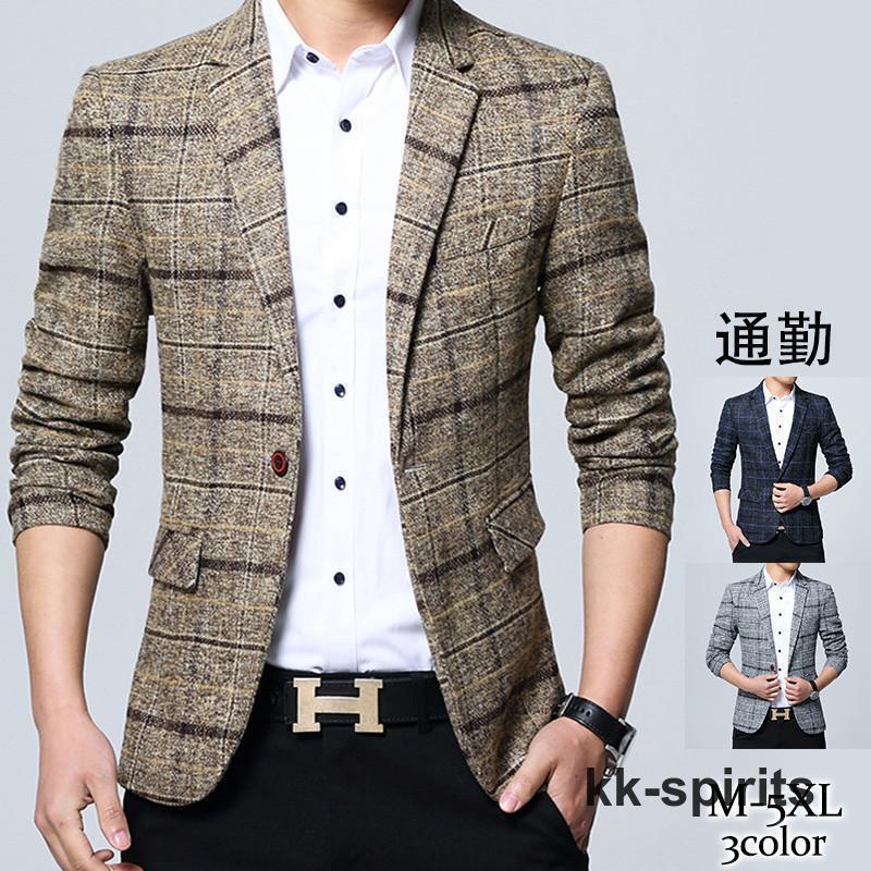 テーラードジャケット メンズ スーツジャケット ビジネス カジュアル チェック柄 紳士服 フォーマル 長袖 スリム ワンボタン 着痩せ コ