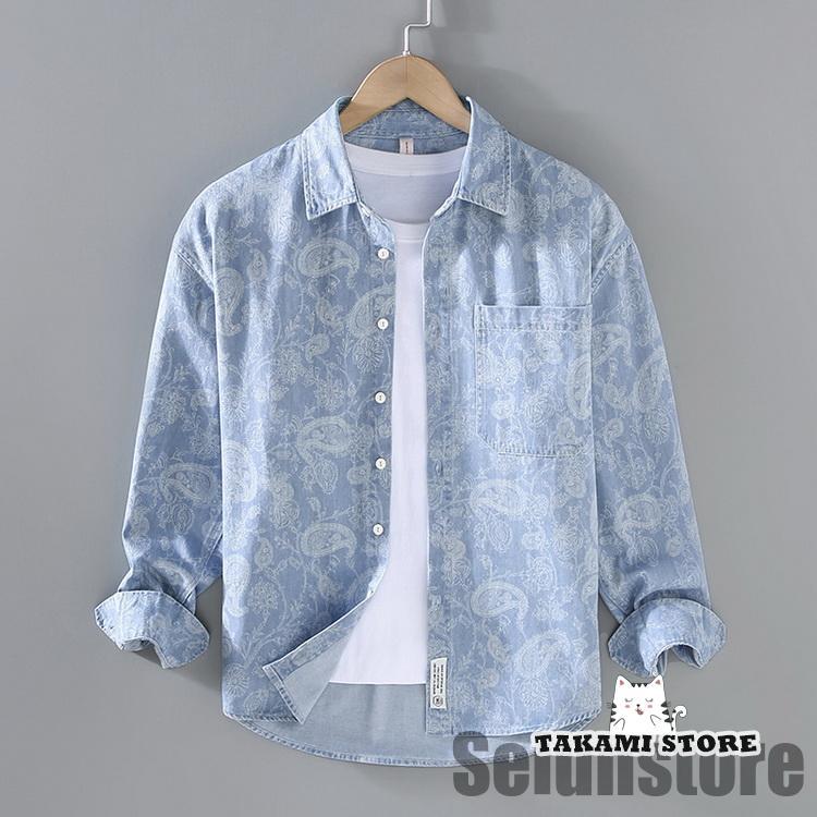 Chambray Shirts - ダンガリーシャツ デニムシャツ カジュアルシャツ メンズ シャツ トップス ペイズリー柄 長袖 秋冬