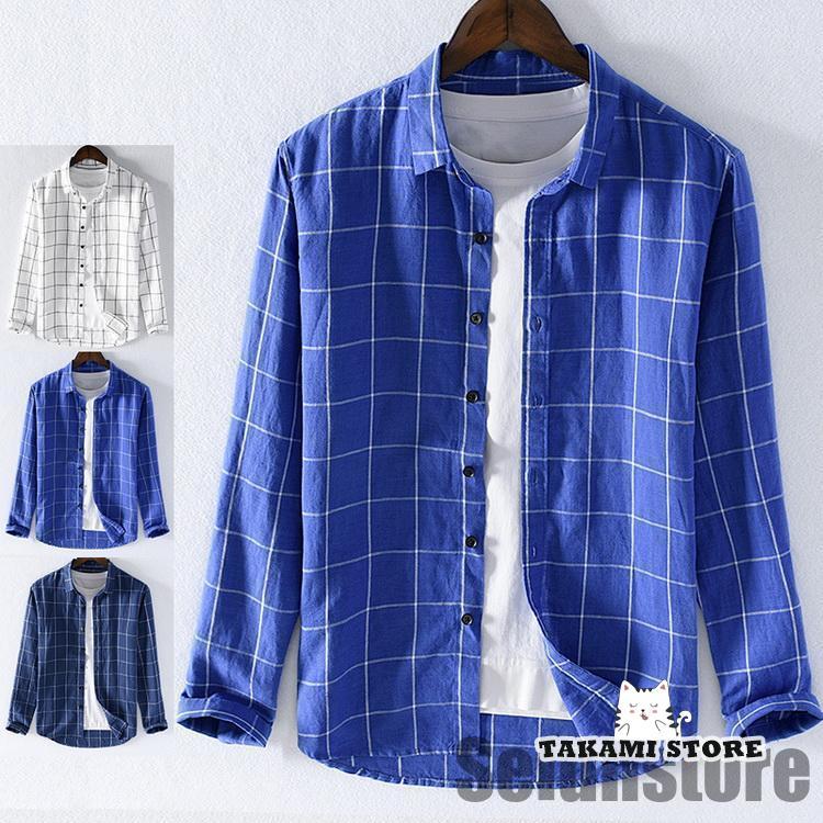 Rakuten - チェックシャツ 綿麻シャツ カジュアルシャツ メンズ シャツ トップス 長袖 リネンコットン 通気 速乾