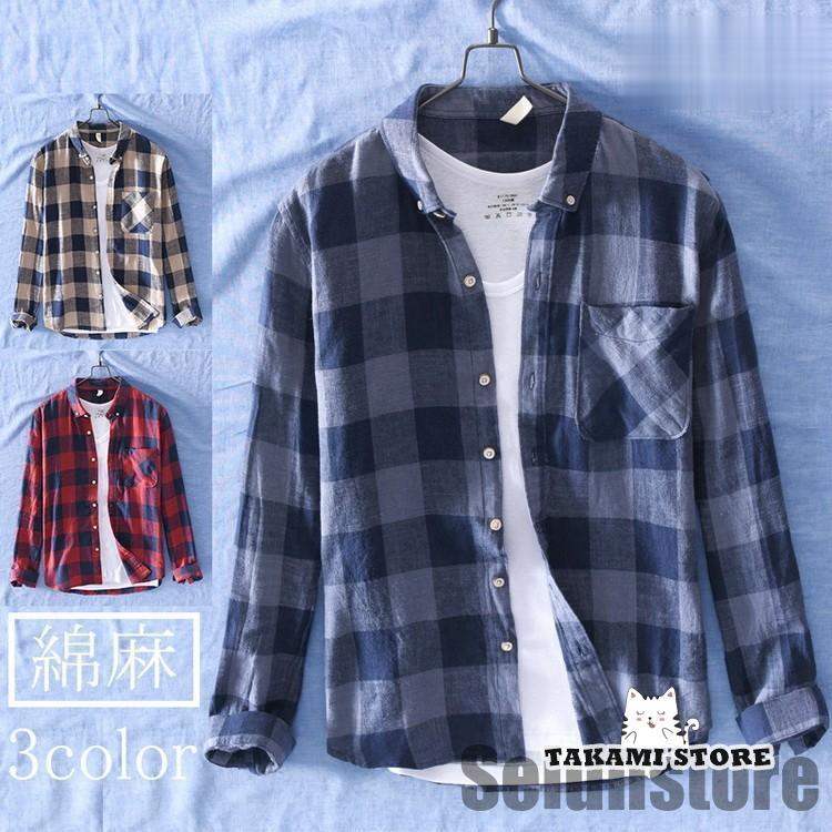樂天商城 - 綿麻シャツ リネンシャツ チェックシャツ カジュアルシャツ ボタンダウンシャツ トップス 長袖 シャツ ネルシャツ メンズ ナチュラル