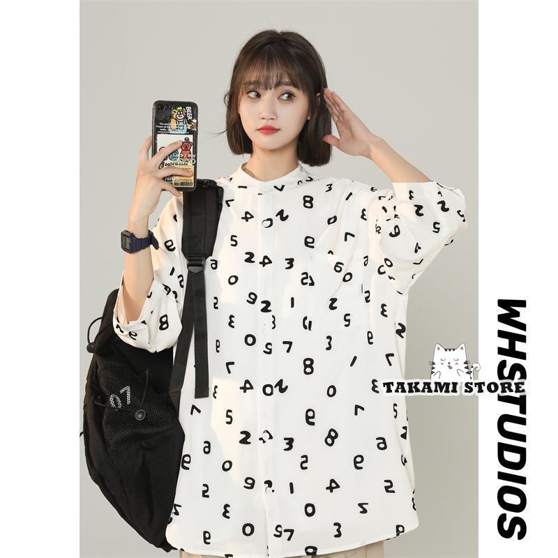 シャツ メンズ 半袖 接触涼感 総柄 英文字 バンドカラー シャツ ユニセック スデジタルプリント 半袖シ..