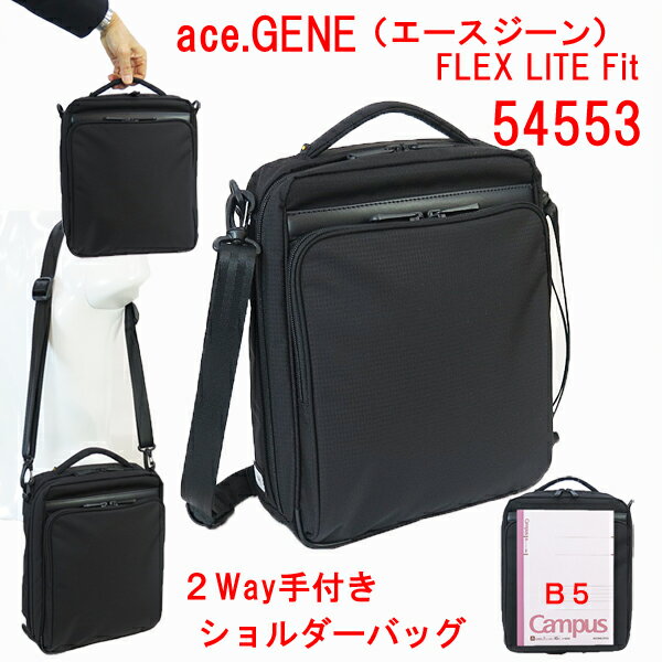 ショルダーバッグ ace.GENE エースジーン FLEX LITE Fit　2WAY手付き ショルダーバッグ 54553 手提げ 黒 メンズ 男性 通勤 街歩き 観光 旅行 トラベル B5サイズ 雑誌 タブレット ギフト プレゼント タテ型