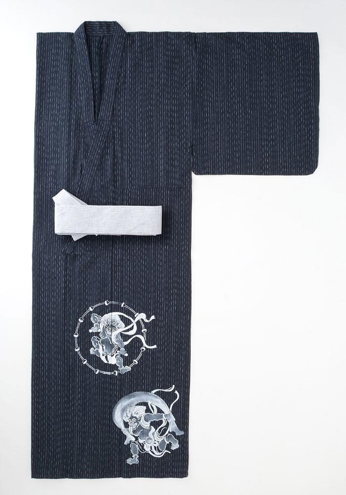 【送料無料】手書き浴衣 風神雷神 黒(M-L)