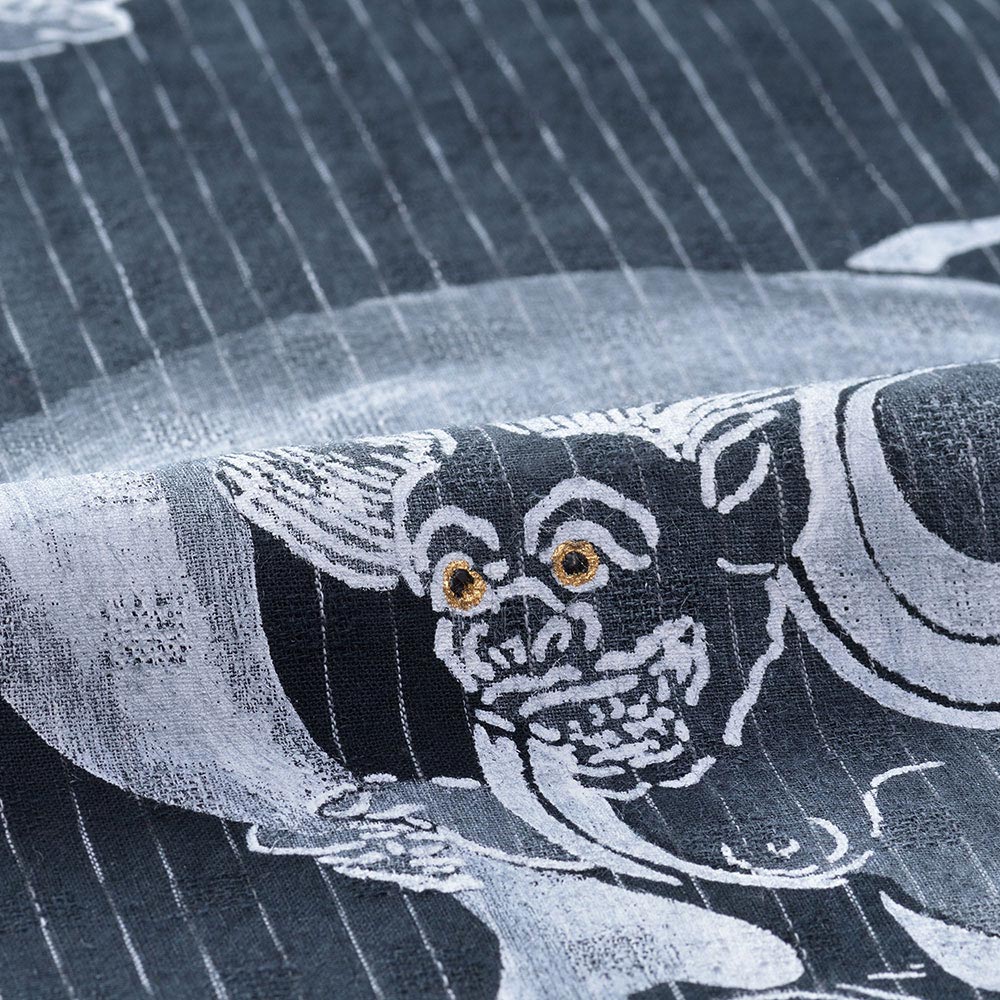 【送料無料】手書き浴衣 風神雷神 黒(M-L)