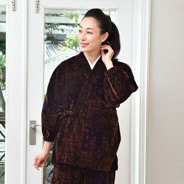 作務衣(さむえ)/幾何柄 ベロア作務衣(M-L)/秋冬用/女性 婦人 レディース