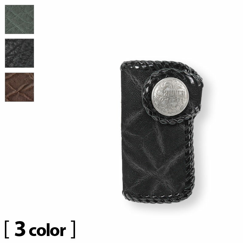 サムライクラフト 【ボタン式2つ折り】 レザー キーケース エレファントレザー 象革 ダブルステッチ ブ..