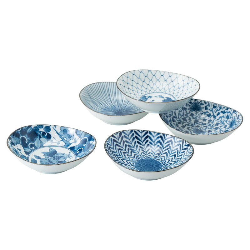 ＜美濃焼＞藍絵変り 楕円鉢5客揃 31064人気 おすすめ 食品 陶器 和陶器 テーブルウェア 和皿 ※こちらの商品は、メーカーおよび委託倉庫からの発送です。