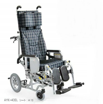 (カワムラサイクル) ティルト・リクライニング車椅子 AYK-40EL あい&ゆうき クリオネット 介助式 ふくらはぎパッドタイプ 脚部エレベーティング・スイングアウト ベルト付 濃紺チェック/青 クッション付 KAWAMURA