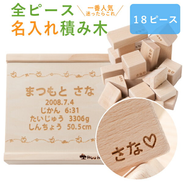 名入れ 積み木 18ピース 全ピースに名前入り彫刻【名入れ無料 送料無料】日本製の木のおもちゃ 無塗 ...