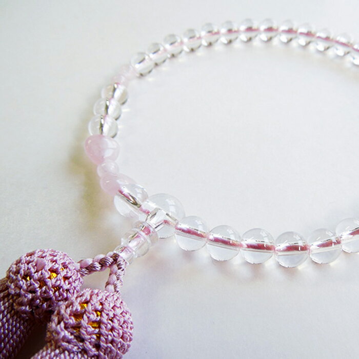 念珠 No.1-1 水晶リボン紅石英入 薄紅藤房 女性用 数珠 略式数珠 天然石 念誦 頭房 ギフト 贈り物 法事..