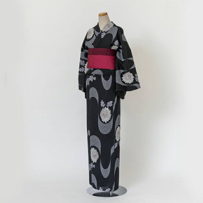 ゆかた 古今 流水菊 （黒） 東レセオα ブラック 仕立て上がり プレタ 浴衣 レディース 婦人用 夏 粋 女性用 涼しい 上品 シック 花火 お祭り 伝統 大人 本格派 日本製