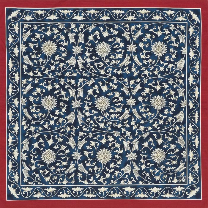 【ポイント5倍 クーポン発行】62cm幅　源右衛門窯　黄色唐草　綿シャンタン風呂敷/エンジ枠×コン 和柄 和文様のサムネイル