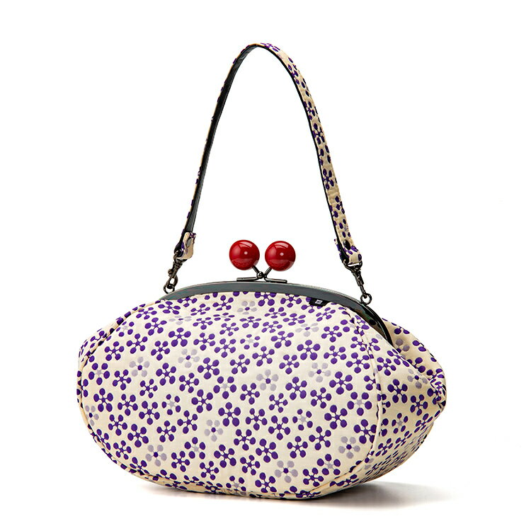 利休梅柄 赤玉バッグ《 白×紫 》/ がまぐちハンドバッグ　がまぐち ポシェット グリーン お土産 日本製..