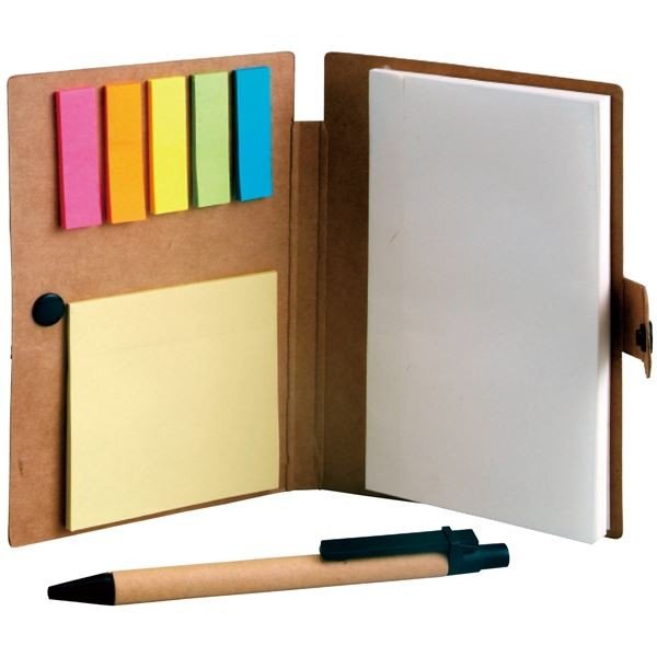 ★ふせん以外の紙は すべて再生紙を使ったエコ商品です。 机の上で大活躍。 ●箱：ありません(PP袋入) ●内容：1 ・5.4×10.6×1cmメモ用紙付本体1冊 ・再生クラフト ・再生紙・ふせん(大)1個・ふせん(小)5個 ・黒ボールペン1本 ・バイオマスプラスチック ●JANコード：4560331990662 ＜ 記念品 景品 ノベルティ 参加賞 大会 粗品 などに最適 ＞ ※名入れ無しの場合、2〜10日営業日後(土日祝を除く)のお届け予定です。お急ぎの場合は、お電話にてお問い合わせください。 ※在庫共有によるメーカー欠品等の理由により、出荷まで更にお時間がかかる場合はご連絡いたします。 ※記念日・祝日の配達日時指定は、配達業者の配達集中によりずれ込む場合がある為、お受けできません。ご了承願います。 ※メーカー都合により、内容・デザイン等が予告なく変更になる場合があります。ご了承願います。 ※商品写真の色は、お客様のPCモニターや画像処理の具合で実物と多少異なる場合がございます。 ※サイズ・重量等は概算です。イベントの景品 ノベルティ こちらからもご覧いただけます