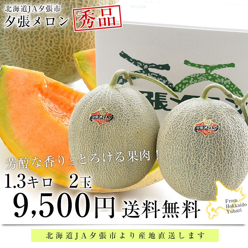 北海道より産地直送 JA夕張市 夕張メロン 秀品 2玉（1.3キロ×2玉） 送料無料ゆうばり 夕張キング めろん