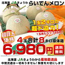 北海道より産地直送 JAきょうわ らいでんメロン 赤肉 超大玉 8キロ（2キロ×4玉）送料無料 共和町 北海道メロン お中元ギフト 3