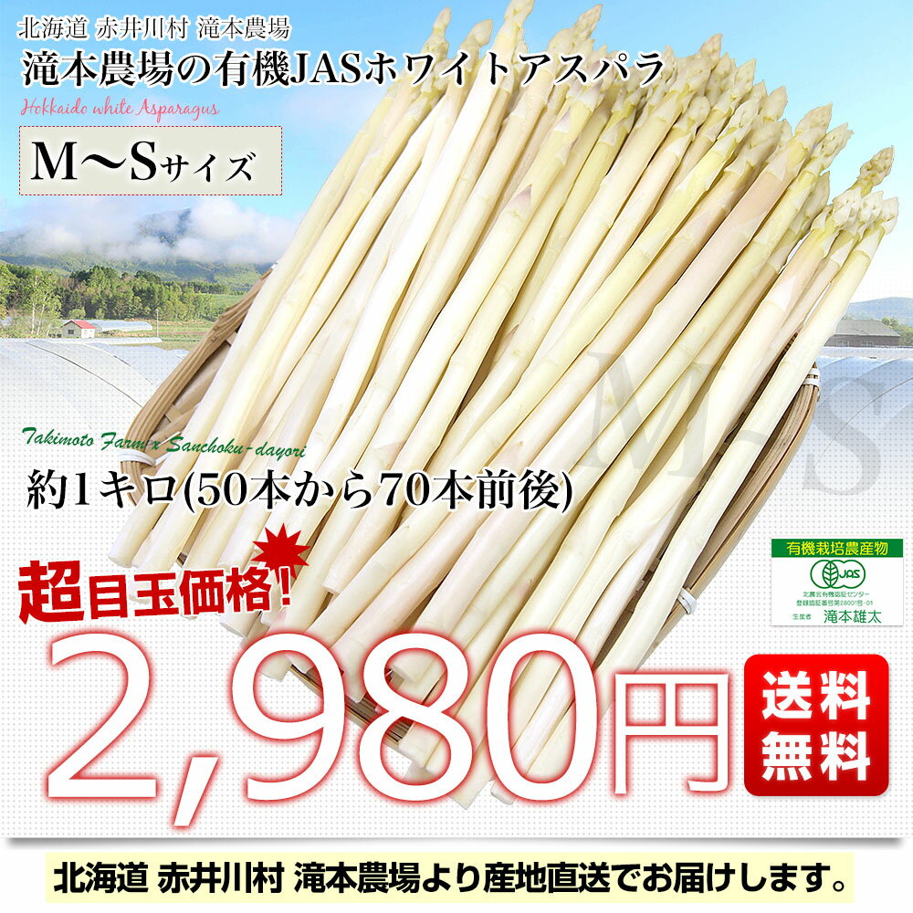 北海道より産地直送 赤井川村滝本農場の有機JAS認定ホワイトアスパラ MからSサイズ 1キロ 送料無料 アスパラガス ※クール便発送 3