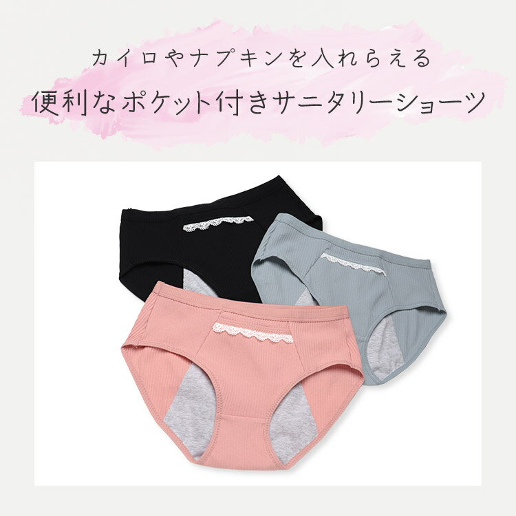 【9/13より順次発送】【送料無料★メール便】ポケット付きサニタリーショーツ3枚組[M L]サニタリーパンツ 生理用パンツ 生理用ショーツ 昼用 夜用 ナイト用 長時間用 綿混 レディース ショーツ 福袋 2022 ショーツセット まとめ買い パンツ 下着 無地 リブ [三恵]