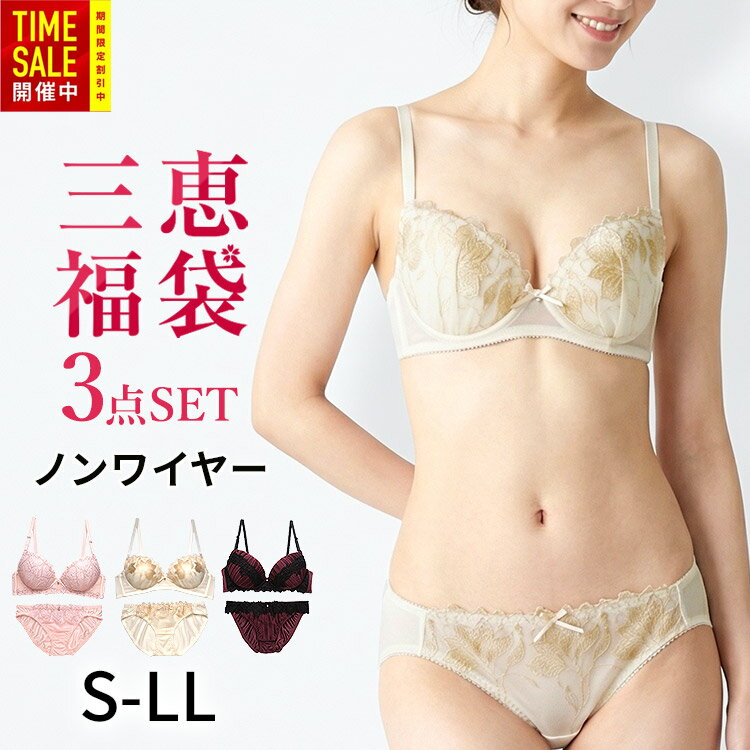 【5 OFFセール】ノンワイヤーブラ＆ショーツ 3セット福袋 2026【S M L LL】 ノンワイヤーブラ ブラジャー ショーツ セット 福袋 ノンワイヤー レディース 福袋 ショーツ【N/F】 ブラ3組入り 不良品以外の返品交換不可 三恵 福袋 2026 レディース