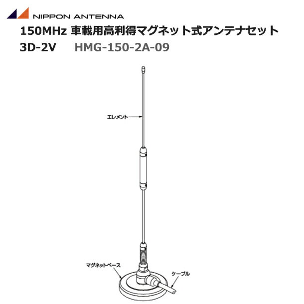 【期間限定ポイント5倍】無線 アンテナ日本アンテナ 150MHz帯 デジタル簡易無線機 ルーフトップ用 高利得 マグネットアンテナセット 容量接地型5λ/8 ホイップアンテナ HMG-150-2A-09
