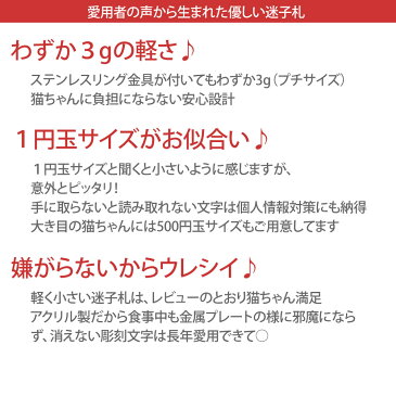 超軽量 迷子札 アクリル製 小型犬猫用 ポスト投函 メール便（ネコポス）送料無料/ペットグッズ 猫 用品 首輪 ハーネス ネームタグ 迷子札