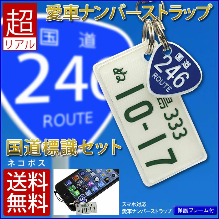 国道標識付 特許ナンバープレートキーホルダー ストラップ ポスト投函 メール便（ネコポス）送料無料 あす楽対応/フレーム付 自動車ナンバーキーホルダー 鍵 スマホ キーケース キーリング おしゃれ ホワイトデー ギフト プレゼント サプライズ/楽天スーパーSALE