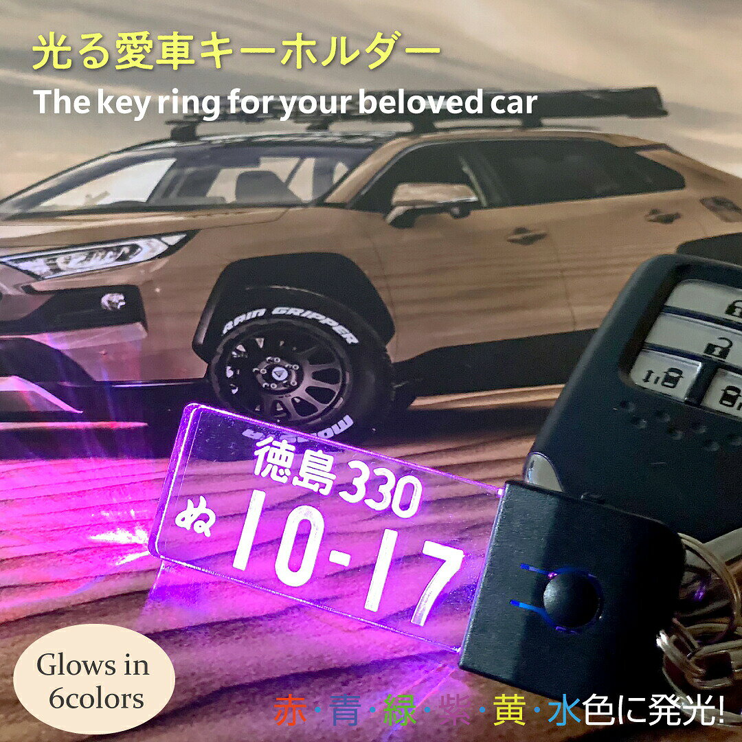 光る LED キーホルダー 愛車 ナンバープレート 名入れ グループ名 誕生日 推し活 オリジナル オーダーメイド 【USB Cケーブル 充電付き】車好き キーケース 退職記念品 納車祝い 水晶婚 ギフト 七色に光るナンバー クリア