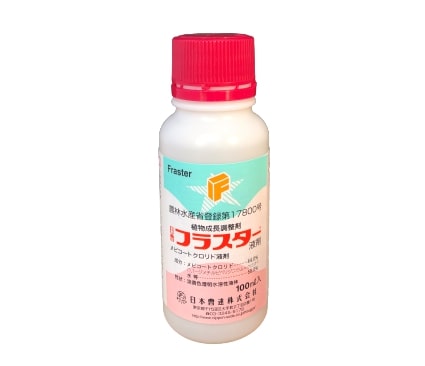 フラスタ―液剤の効果・特長花振るいを防ぎ、増収につながるとともに、商品価値の高い房作りを可能にします。新梢伸長を抑制し、品質を安定させます。果実品質（果粒重、糖度、酸度、着色等）に悪影響を与えません。有効成分メピコートクロリド　44.0％（淡黄色澄明水溶性液体）適用表作物名使用目的使用時期希釈倍数使用液量本剤およびメピコートクロリドを含む農薬の総使用回数使用方法巨峰（露地栽培）着粒増加新梢伸長抑制新梢展開葉7～11枚時（開花始期まで）1000倍300L/10a2回以内散布500～800倍100～150L/10a 巨峰（施設栽培）巨峰系4倍体品種※巨峰、ピオーネを除く着粒増加新梢伸長抑制新梢展開葉7～11枚時（開花始期まで）500～800倍100～150L/10a2倍体米国系品種3倍体品種※ナガノパープルを除くナガノパープル着粒増加新梢伸長抑制新梢展開葉7～11枚時（開花始期まで）新梢伸長抑制満開10～20日後500倍150L/10a2倍体欧州系品種※シャインマスカットを除く着粒増加新梢伸長抑制新梢展開葉7～11枚時（開花始期まで）1000～2000倍100～150L/10aピオーネ着粒増加500～800倍新梢伸長抑制満開10～40日後500倍150L/10a1000倍300L/10aシャインマスカット着粒増加新梢展開葉7～11枚時（開花始期まで）1000～2000倍100～150L/10a新梢伸長抑制満開10～40日後500倍150L/10a1000倍300L/10aデラウェア（露地栽培）新梢伸長抑制新梢展開葉7～11枚時（開花始期まで）1500～2000倍200～250L/10a1回800～1000倍100～150L/10aデラウェア（施設栽培）※所定の散布濃度より高い濃度で使用すると薬害をまねく恐れがあるので、所定の散布濃度を厳守してください。使用上の注意・樹勢が弱い新梢に散布すると、新梢の伸長が停止し、必要な葉面積が確保できない場合があります。・混植園・近接園では、登録のない品種に直接薬液がかからないようにしてください。・他の農薬などとの混用はさけてください。・周辺にぶどう以外の作物がある場合は、直接薬液がかからないようにしてください。・穂軸の伸長が抑制されることがあるので、整房については試験研究機関等の指導に従ってください。★外装、ラベル、品名は写真と異なる場合がございます。あらかじめご了承ください。★農薬の使用や防除指導等に際しては、農薬のラベルを必ずご確認ください。