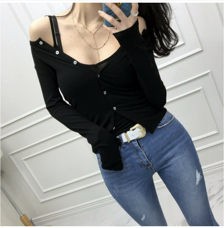 【2点送料無料】胸開き ロンTシャツ　二点セット　長袖+キャミソール タートルネッ...