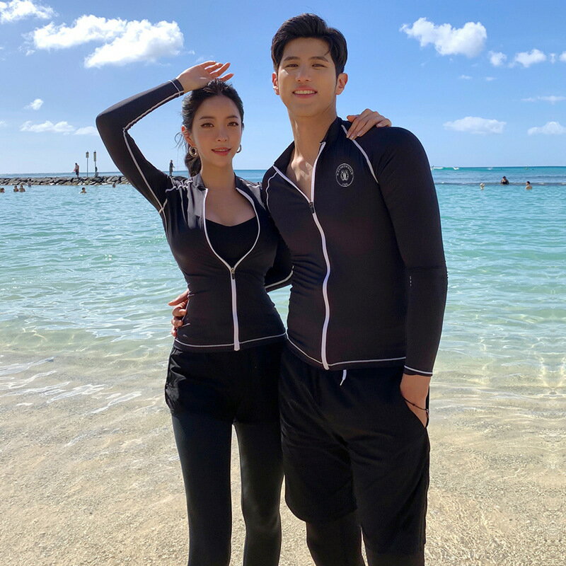 Rakuten - 体型カバー 水着 ペア ラッシュガード フィットネス水着 カップル ウェットスーツ リーフ柄 水着 体型カバー レディース メンズ お揃い セットアップ 上下セット 5点セット 長袖ラッシュガード