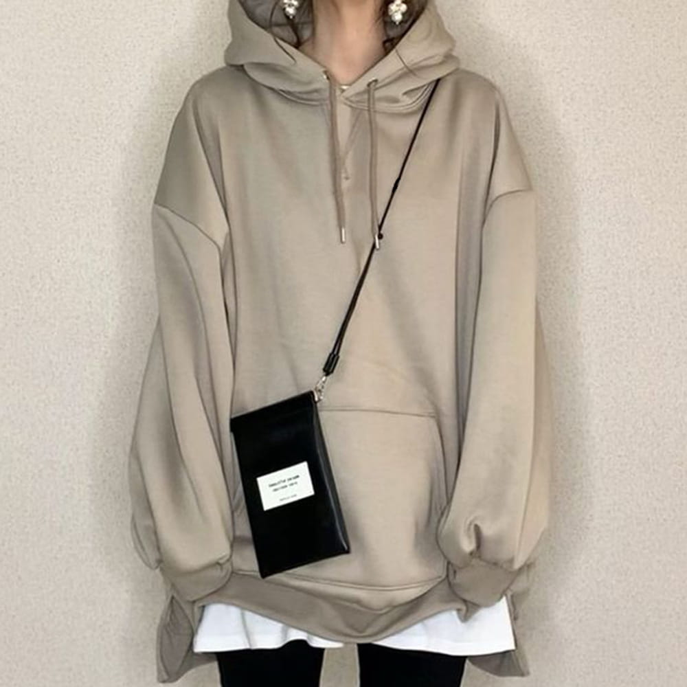 Rakuten - 韓国 ファッション 冬 レディース ビッグパーカー 秋 　フード付き　 ビックシルエット パーカー おしゃれ 無地 スリット レイヤード スウェット トップス オルチャンファッション 韓国服 カジュアル ラフ　プルオーバー