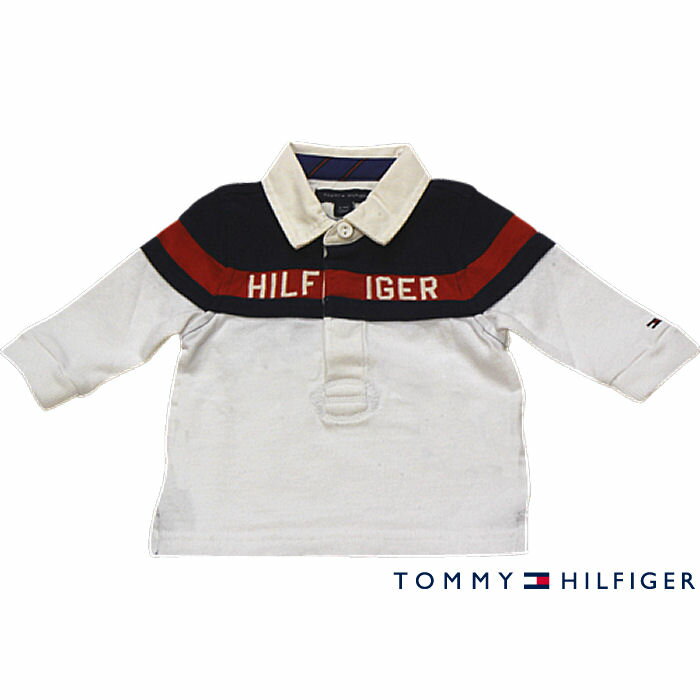 Tommy Hilfiger(トミーヒルフィガー) 素材：コットン100％ 実寸： 　　3-6m(3-6ヶ月)/身幅24cm　着丈28cm 　　6-9m(6-9ヶ月)/身幅26cm　着丈31cm ※サイズ(cm)は多少前後します。ご了承下さい。 USサイズ 日本サイズ(目安) 3-6m(3-6ヶ月) 60cm 6-9m(6-9ヶ月) 70cm※モニタの種類や設定により若干異なった色合いに見える場合がございますことを予めご了承願いますm(_ _)m 赤・白・紺の王道カラーのしっかりとした素敵なラガーシャツです 胸のHILFIGERロゴ刺繍もカッコいい！！左袖口にはフラッグロゴ刺繍入り