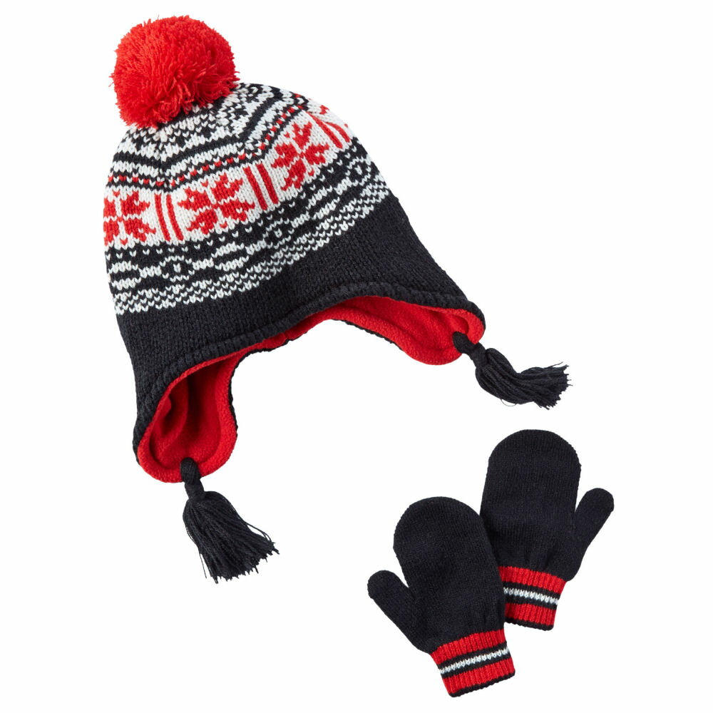 Carter's(カーターズ) ポンポン付イヤーフラップニットキャップ&ミトンセット(Black/Red)【12-24M】