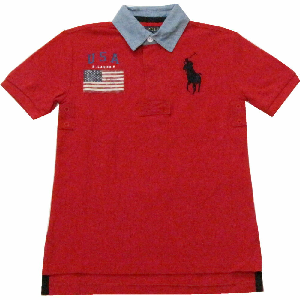 【ジュニアサイズ】POLO RALPH LAUREN(ポロ ラルフローレン) 星条旗パッチビッグポニー鹿の子ポロシャツ(Red)