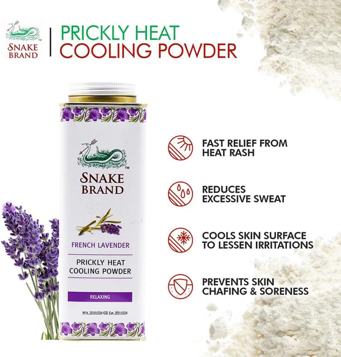 280g SNAKE BRAND Prickly Heat original cooling powder FRENCH LAVENDER�����͡����֥��� �ץ�å��꡼�ҡ��� ���ꥸ�ʥ� ������󥰥ѥ����� �ե�����٥����