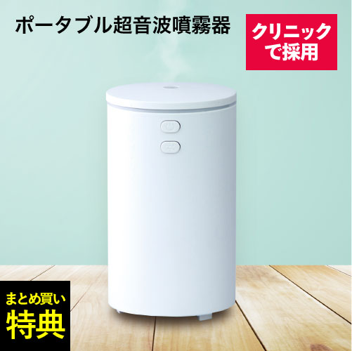 ポータブル 超音波加湿器 次亜塩素酸水対応噴霧器バイバイ菌を10倍希釈でお空間丸ごと除菌99.94％第三者分析試験済み（他ウイルス抑制・カビ・花粉等も）次亜塩素酸水を希釈してお部屋もカビ予防